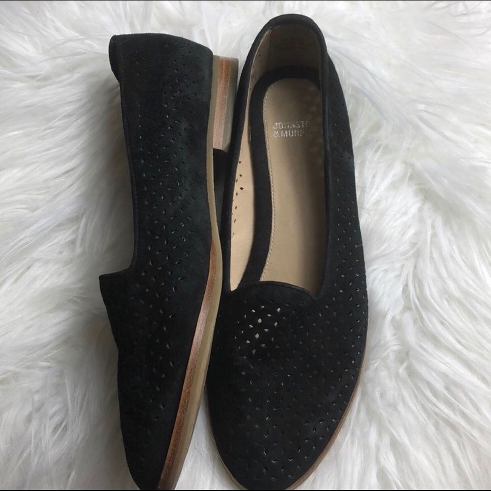 Johnston & Murphy black suede flats.
